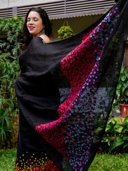 Calyz Black Linen Saree with Collage Technique - Image 5